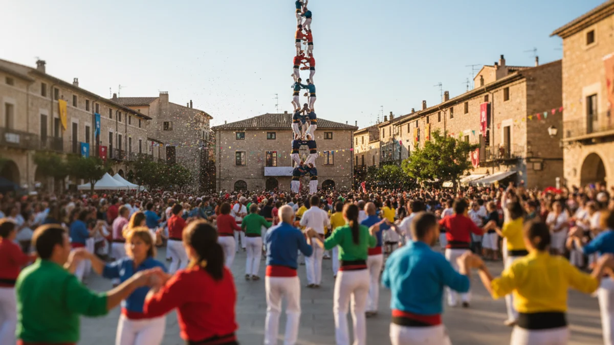Generic image of a traditional human tower festival with a crowd in a town square.
