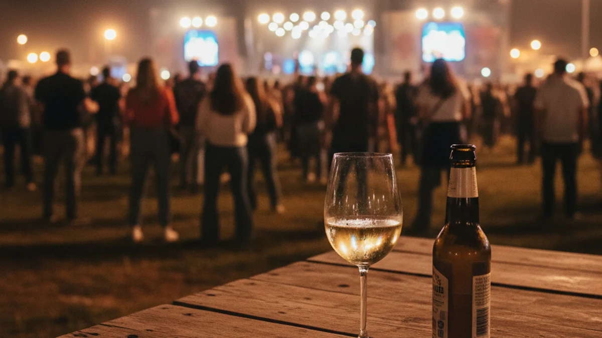 Imatge genèrica de l'ambient nocturn d'un festival de música amb il·luminació càlida i degustació de productes locals.