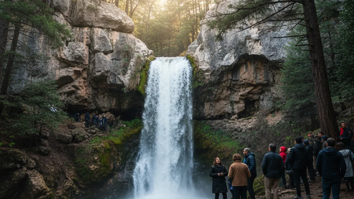 Generic image of a natural waterfall bursting through rocks in a forested environment.