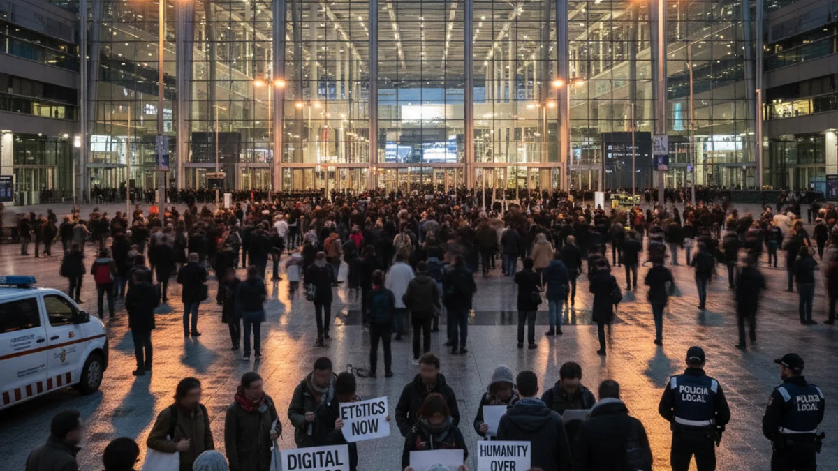 Imagen genérica de la entrada del recinto de la Fira de Barcelona durante un evento corporativo con presencia de manifestantes.