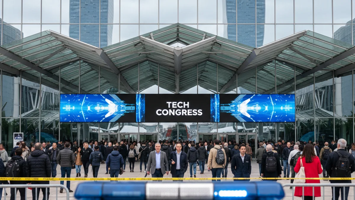Imatge genèrica de l'entrada d'un gran congrés tecnològic amb presència de seguretat.