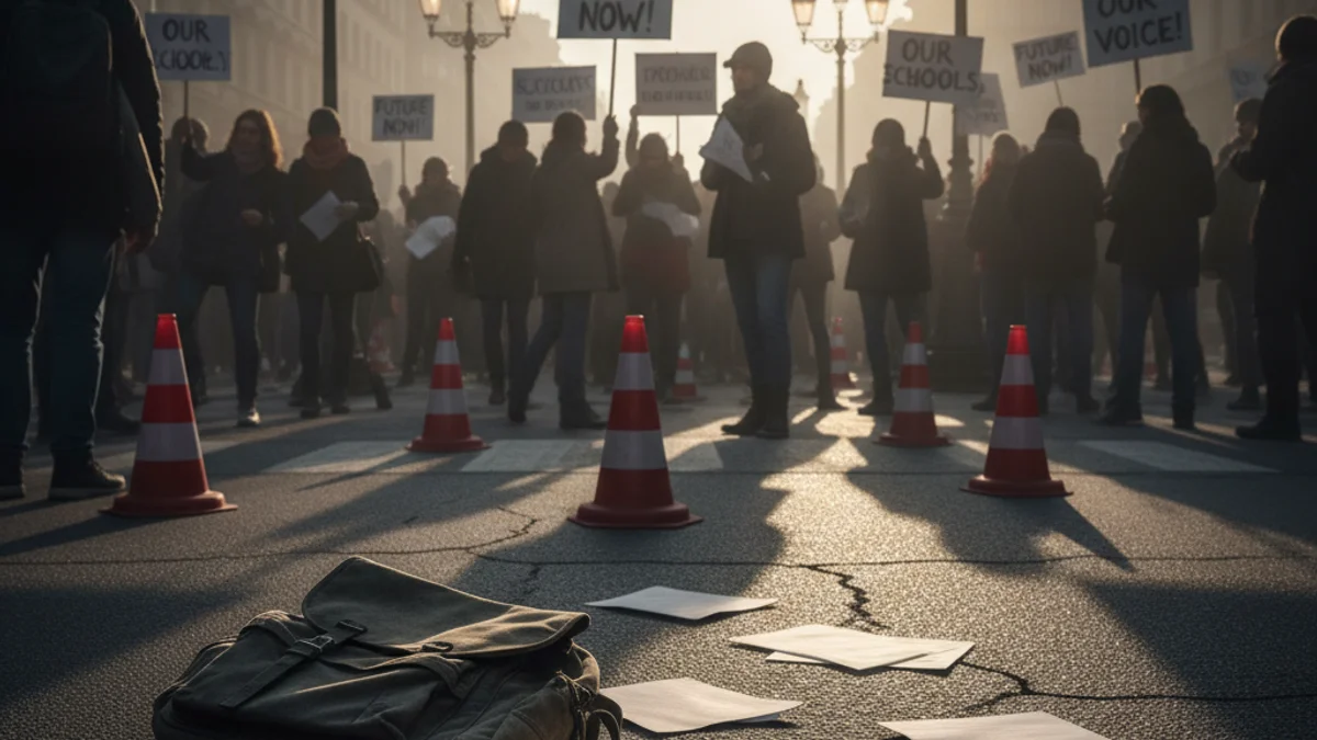 Generic image of a protest with road blocks in an urban area during a strike day.