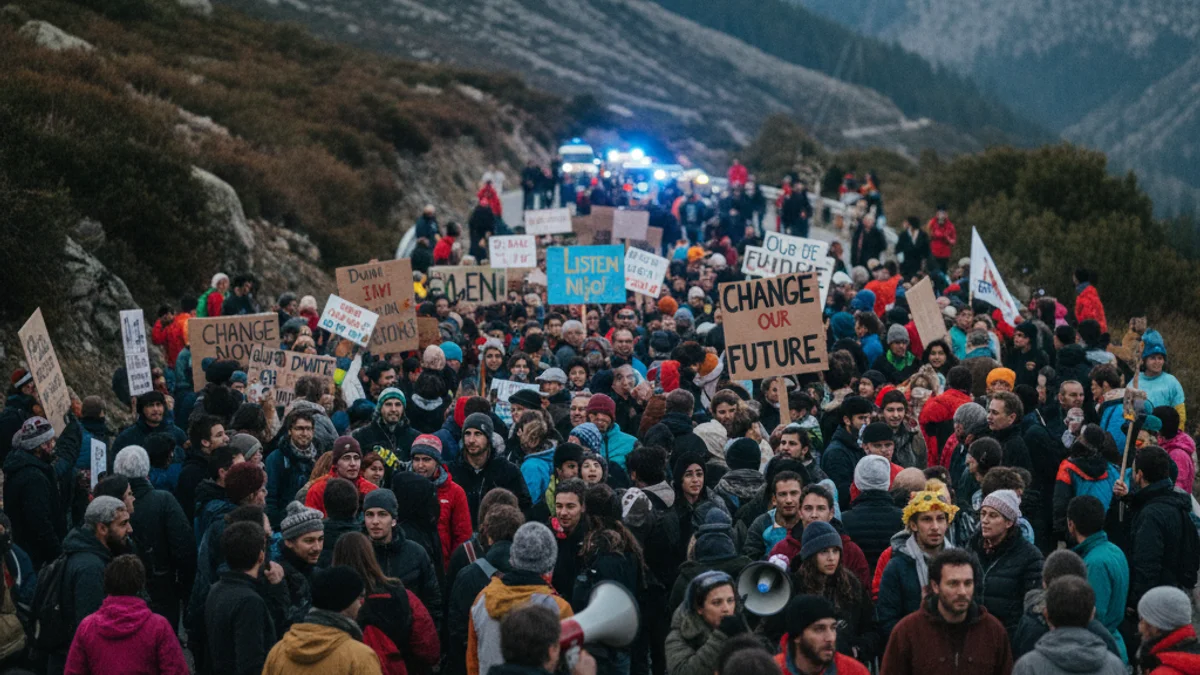 Imatge genèrica d'una manifestació de docents en una carretera de muntanya.