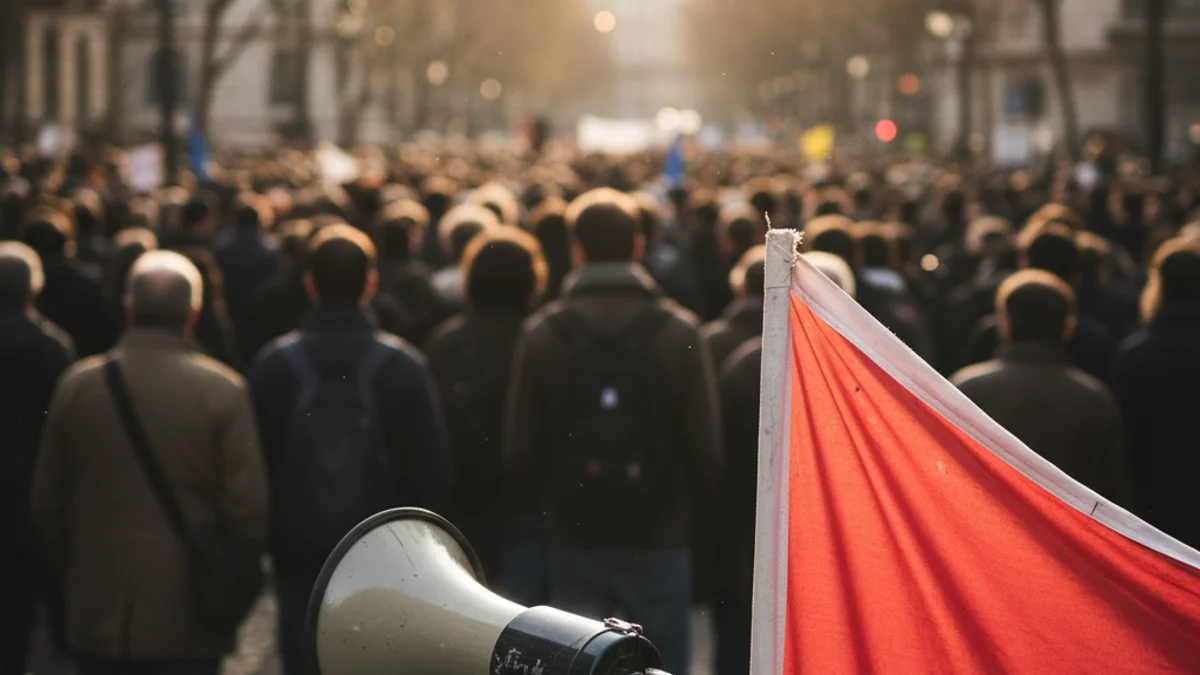 Imatge genèrica d'una mobilització de treballadors amb un megàfon en primer pla.