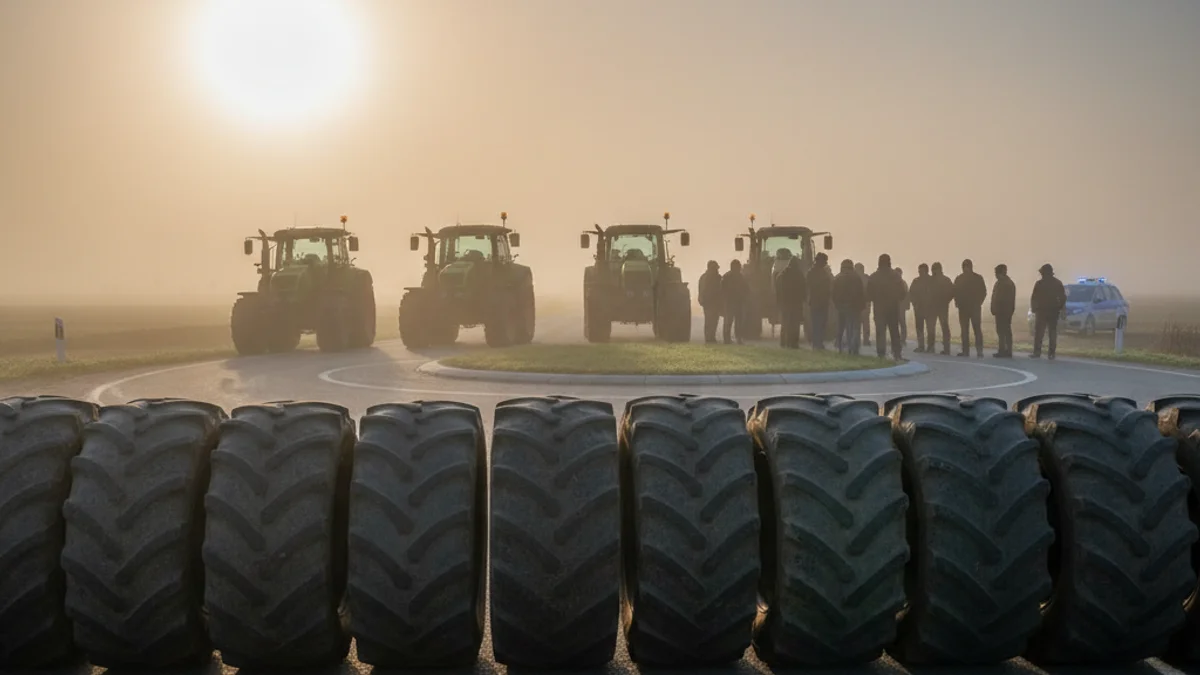 Imagen genérica de una protesta con neumáticos y tractores cortando una carretera a primera hora de la mañana.