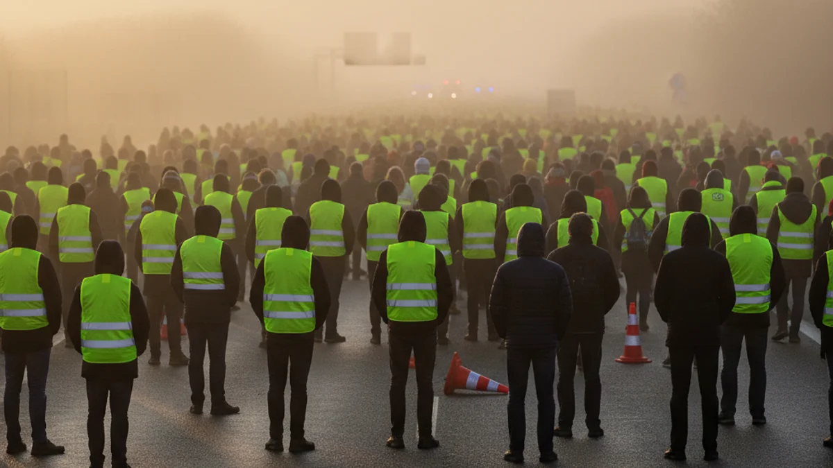 Imatge genèrica d'una manifestació tallant una autopista a primera hora del matí.