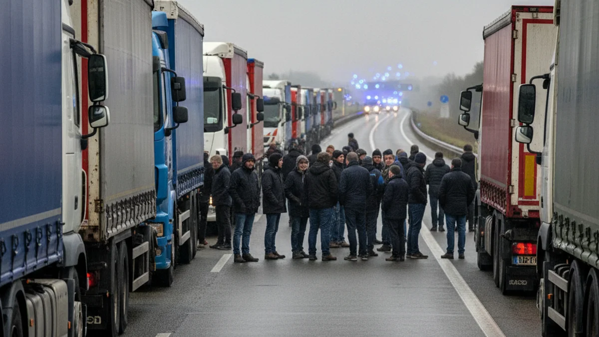 Imatge genèrica d'un tall de carretera amb camions aturats i manifestants en una autovia.