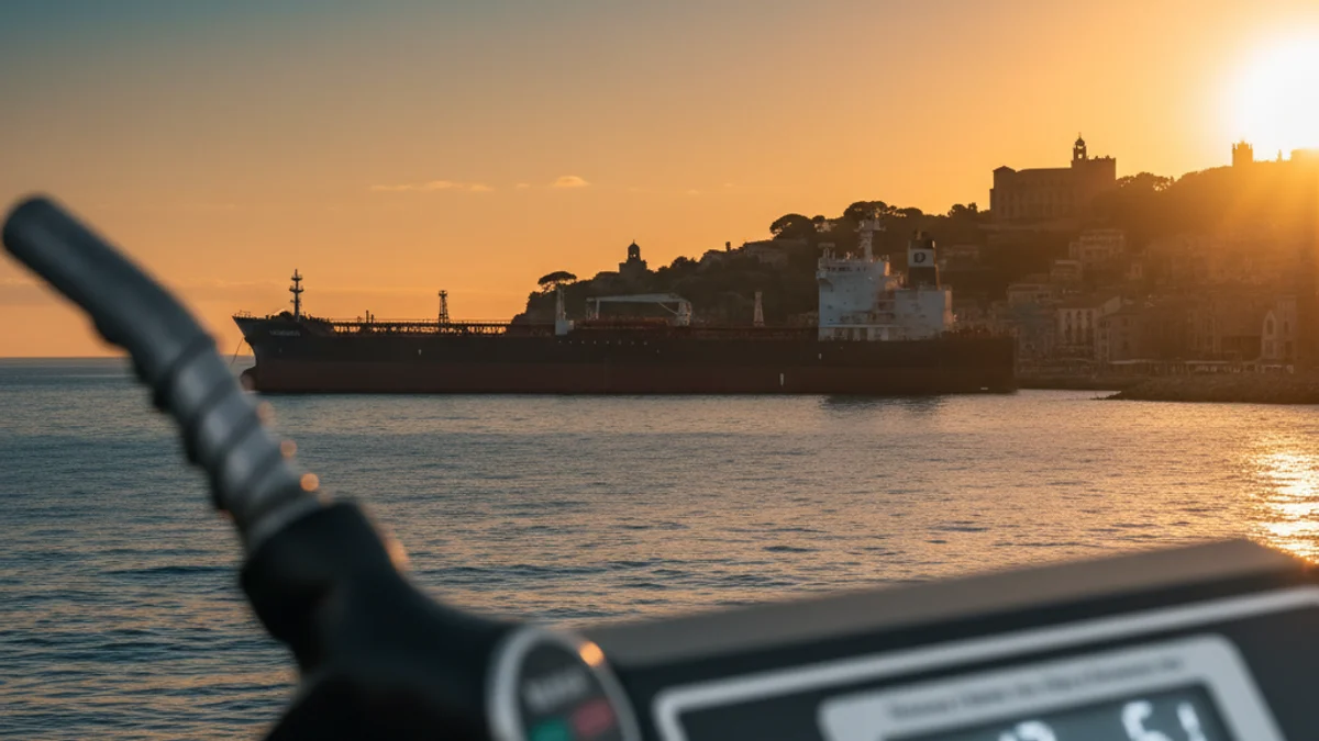 Imatge genèrica d'un vaixell petrolier ancorat al mar durant la posta de sol.