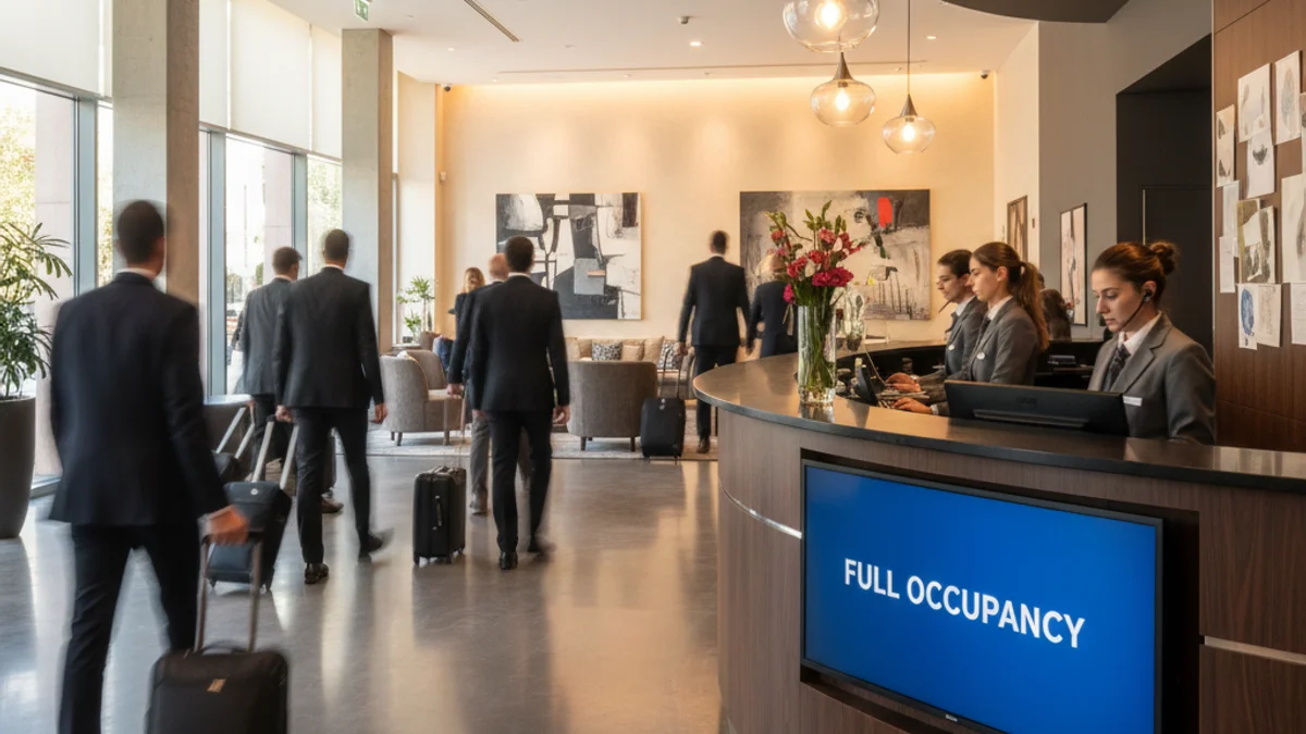 Imatge genèrica de l'interior d'un hotel modern amb activitat de viatgers de negocis.