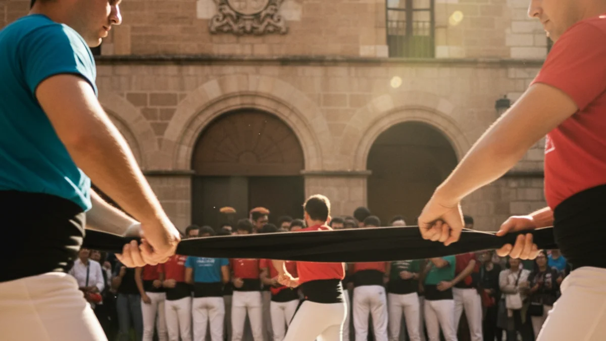 Generic image of a traditional Catalan human tower festival with participants preparing for the performance.