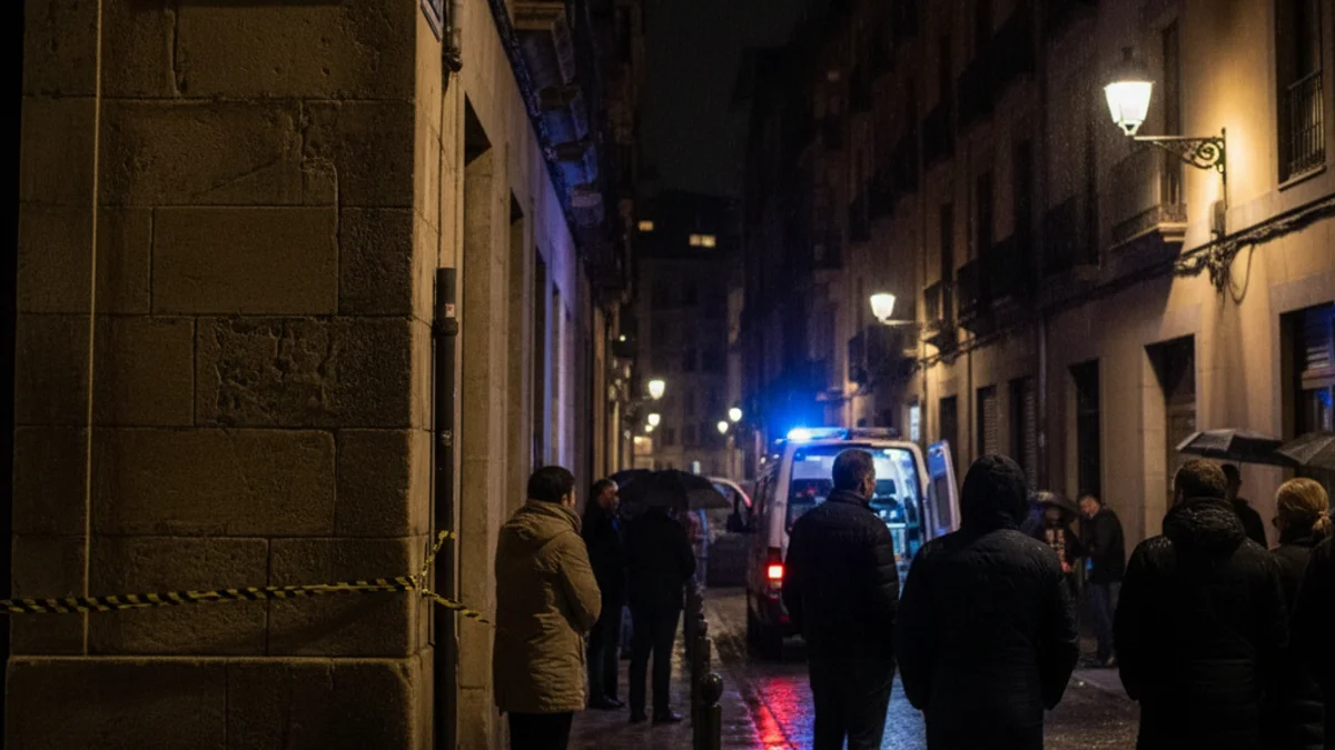 Imatge genèrica d'un carrer residencial de nit amb llums d'emergència blaus difuminats al fons.