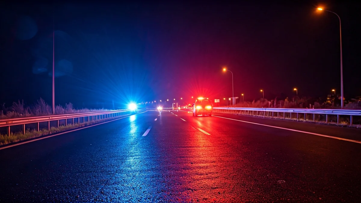 Imatge genèrica de llums d'emergència reflectint-se sobre l'asfalt mullat en una carretera.