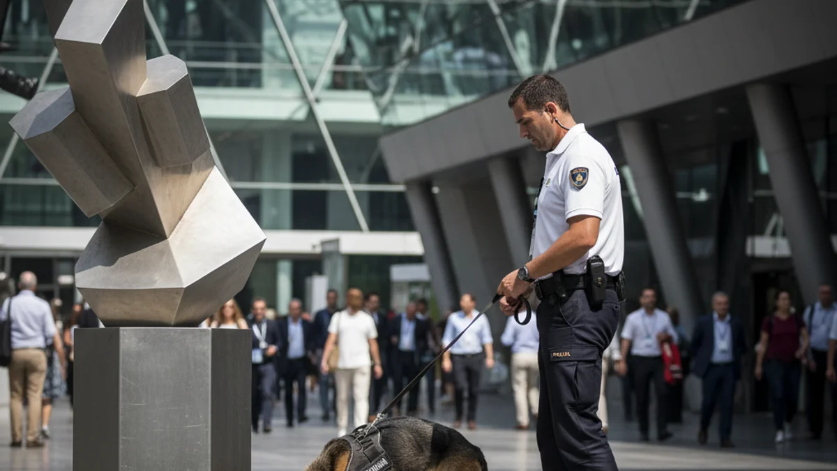 Imatge genèrica d'un agent de policia amb un gos ensinistrat realitzant una inspecció preventiva en un gran recinte firal.