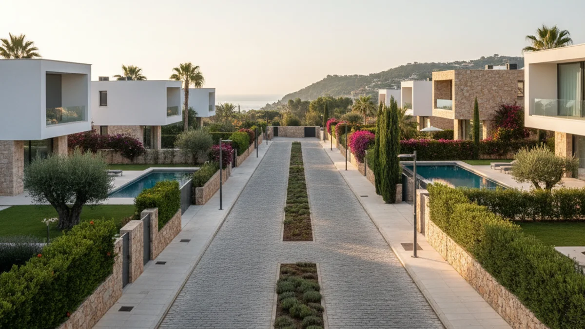 Imatge genèrica d'un barri residencial de luxe amb cases unifamiliars i jardins cuidats.