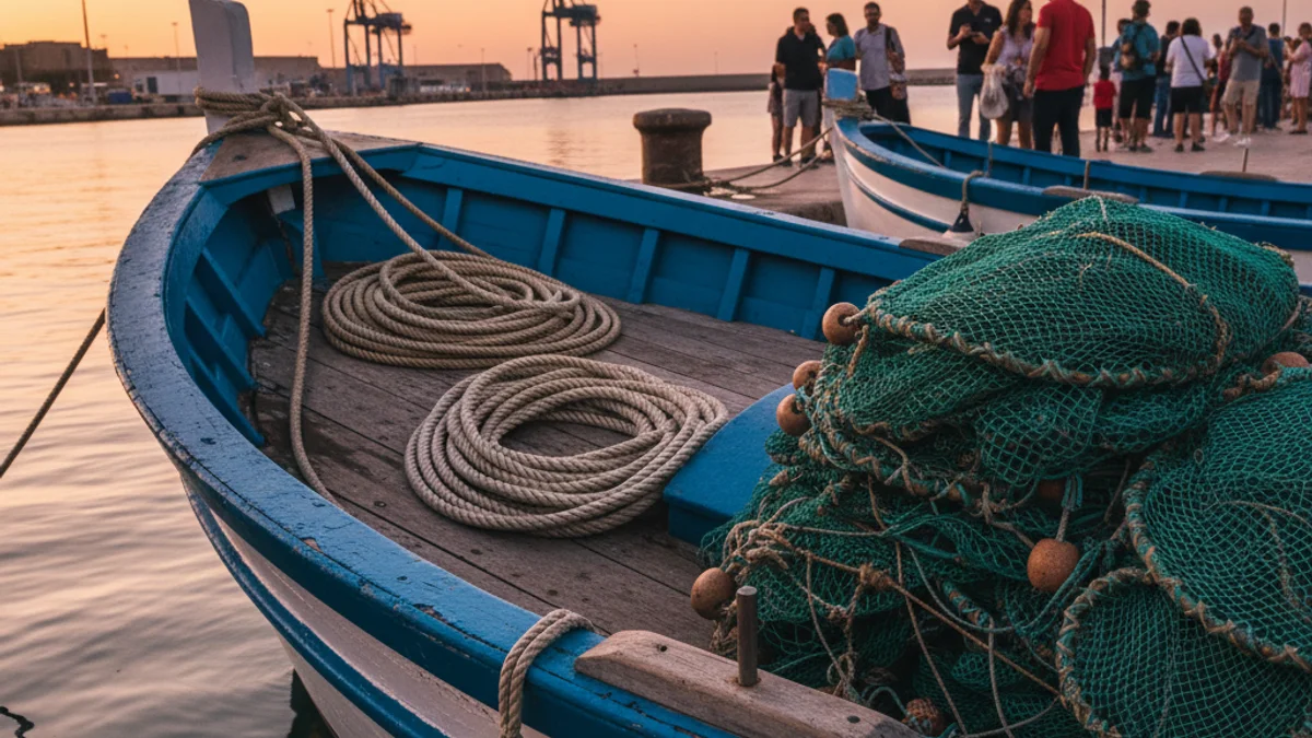 Imatge genèrica d'una embarcació de pesca amarrada a port amb les xarxes recollides.