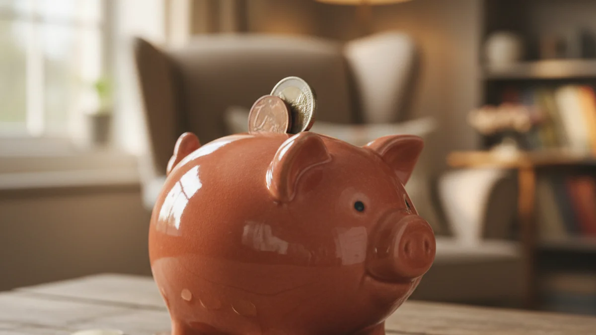 Imatge genèrica d'una hucha de porquet sobre una taula de fusta que simbolitza l'estalvi infantil.