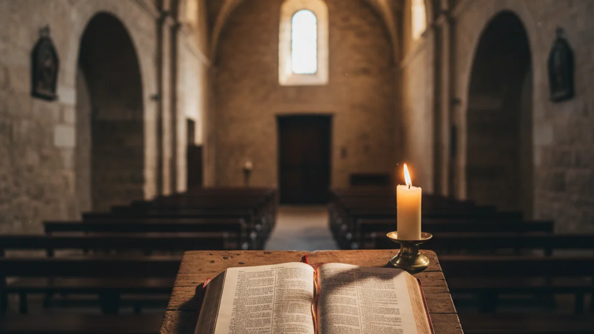 Imagen genérica del interior de un santuario con una biblia y velas en un ambiente de recogimiento.