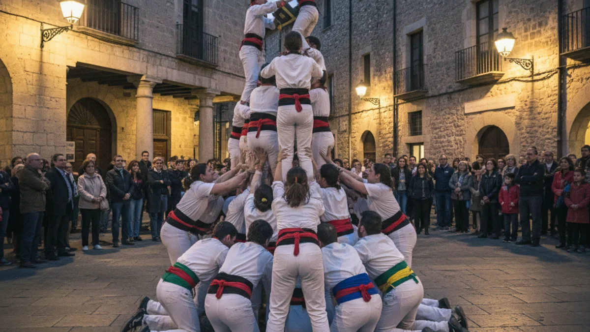 Generic image of the base of a Catalan human tower during a rehearsal in a historic square.