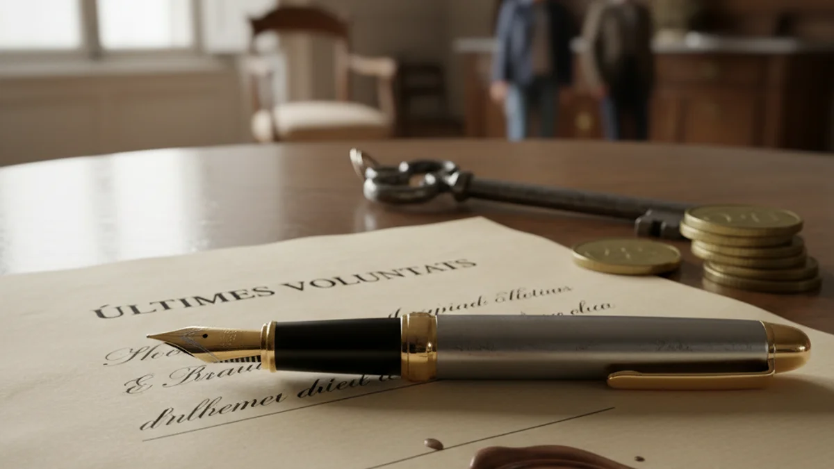 Generic image of a fountain pen on a will and house keys.