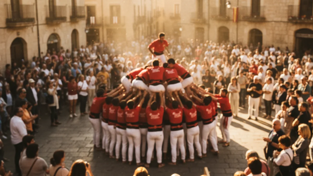 Imatge genèrica d'una jornada castellera amb camises de color vermell en una plaça històrica.