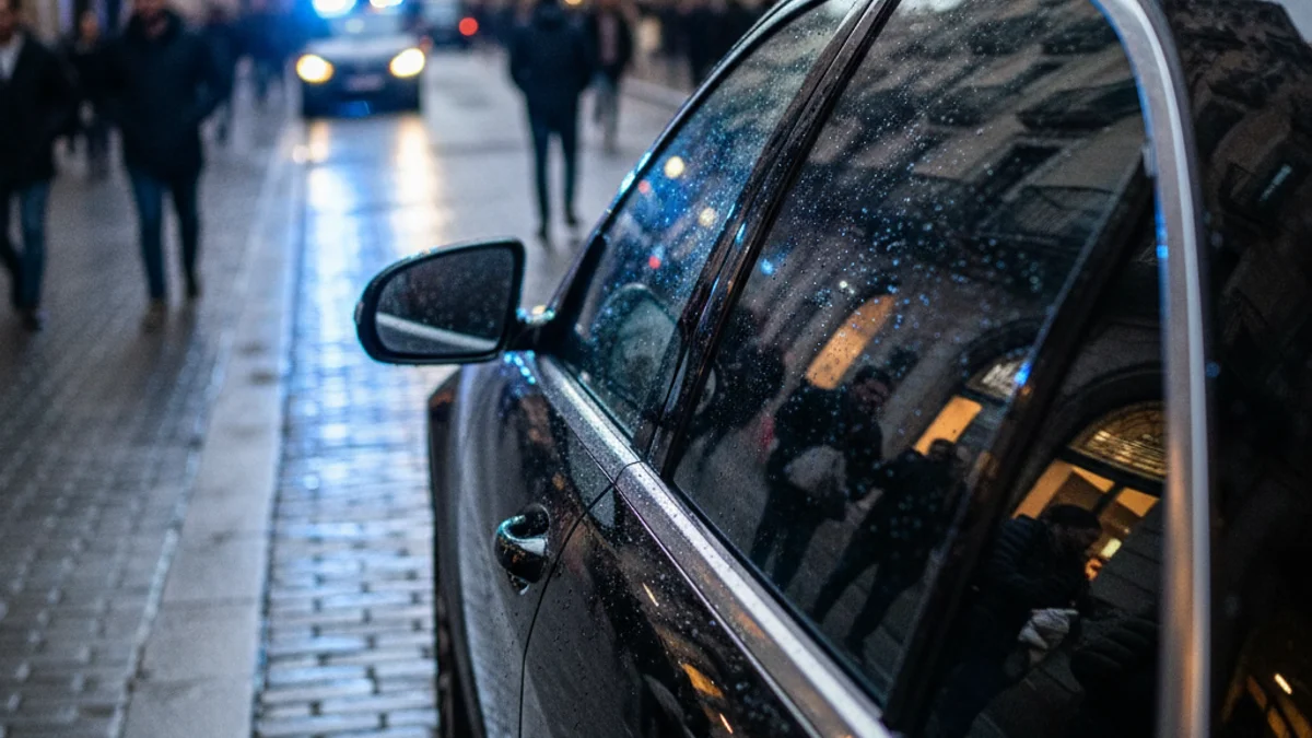 Imatge genèrica d'un vehicle de luxe estacionat en un carrer de Barcelona amb llums policials difuminades al fons.