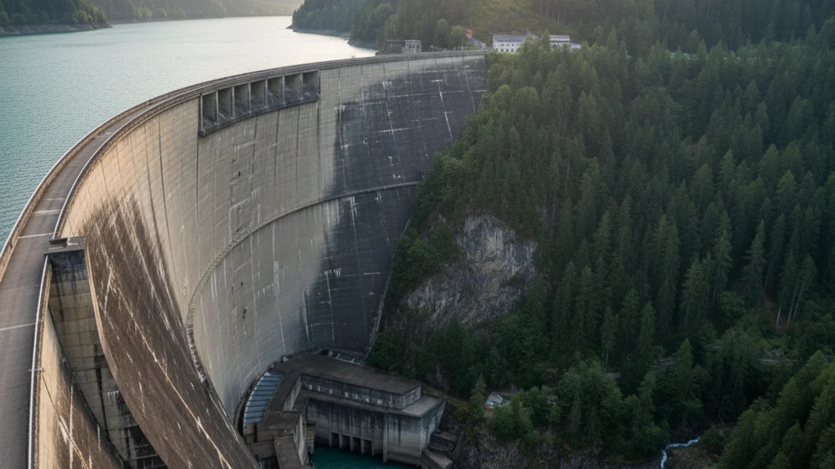 Generic image of a large water dam between mountains.