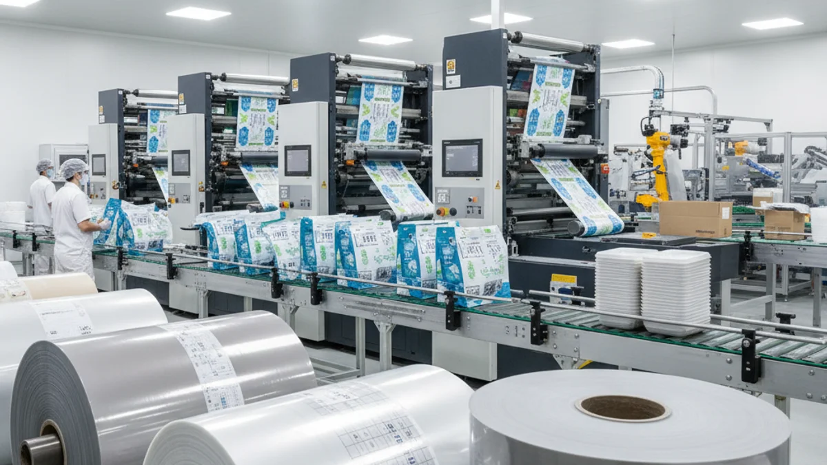 Imatge genèrica d'una línia de producció d'envasos flexibles en una planta industrial.
