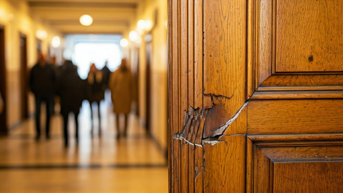Imatge genèrica d'una porta de fusta amb un cop o trencament, en un edifici públic.
