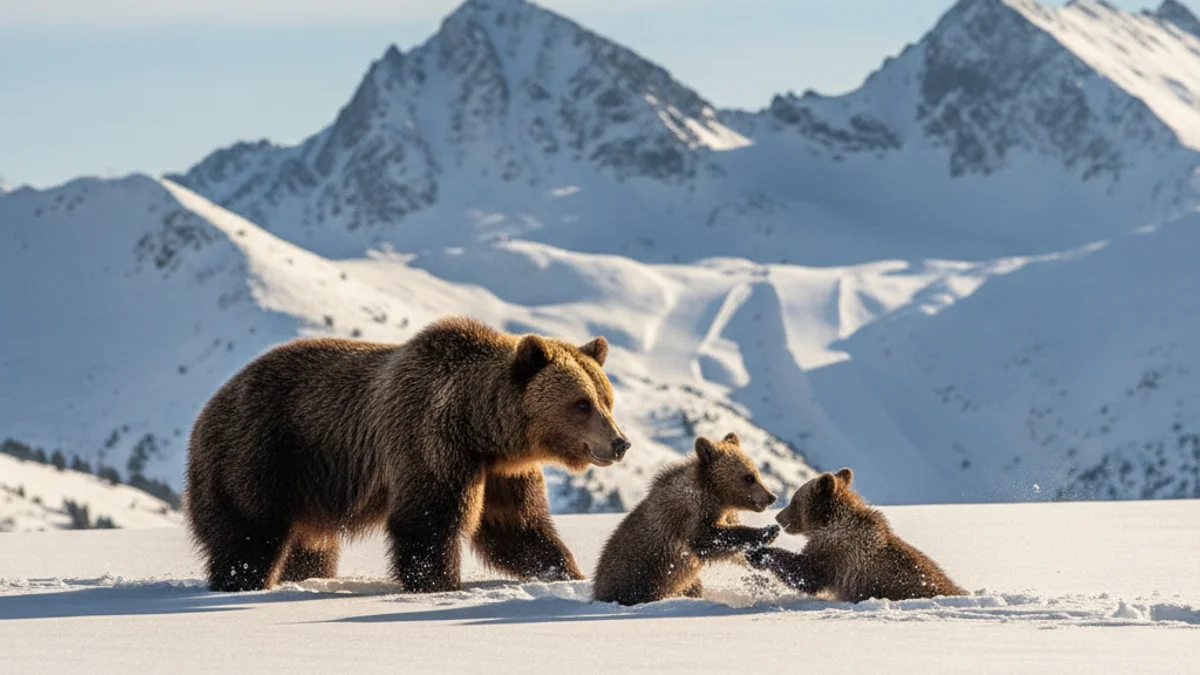 Imatge genèrica d'una ossa amb els seus cadells caminant per la neu a l'alta muntanya.
