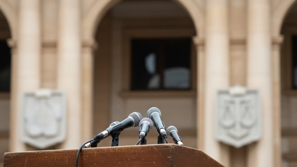 Imatge genèrica d'un podi amb micròfons en un acte polític municipal.