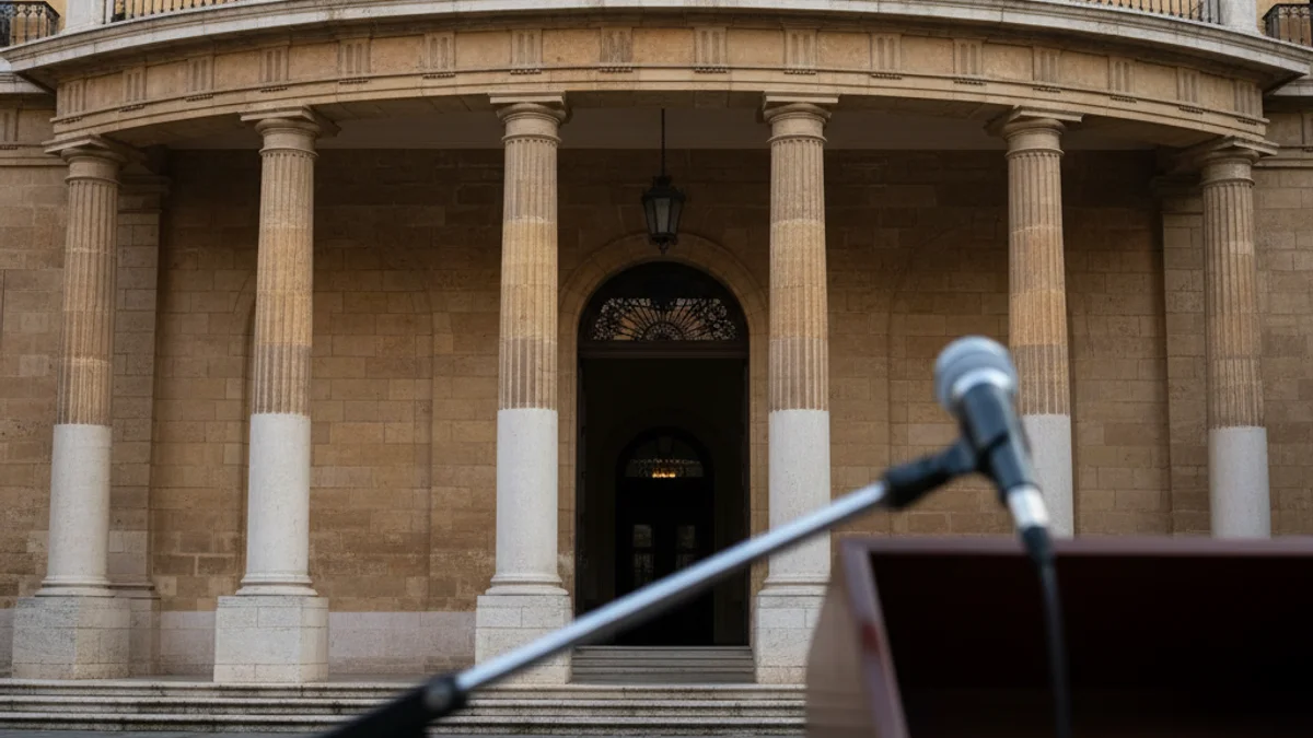 Imatge genèrica de la façana d'un ajuntament amb un micròfon en primer pla.