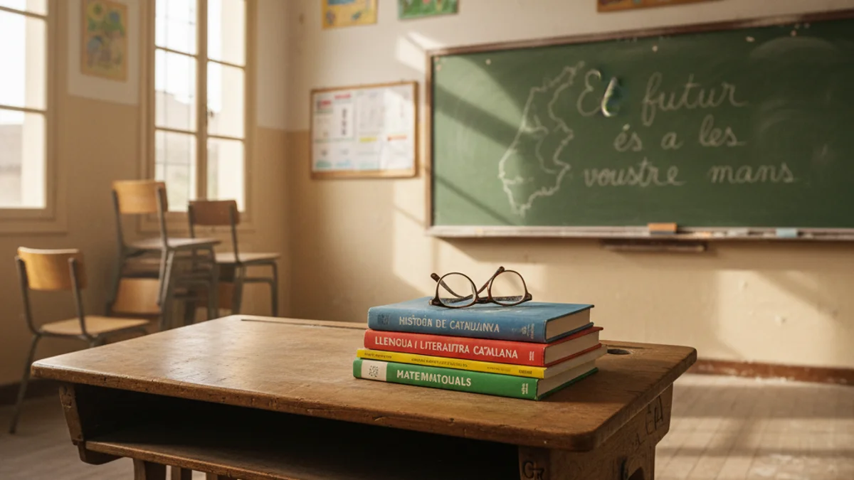 Imatge genèrica de l'interior d'una aula d'escola pública amb pupitres i llum natural.