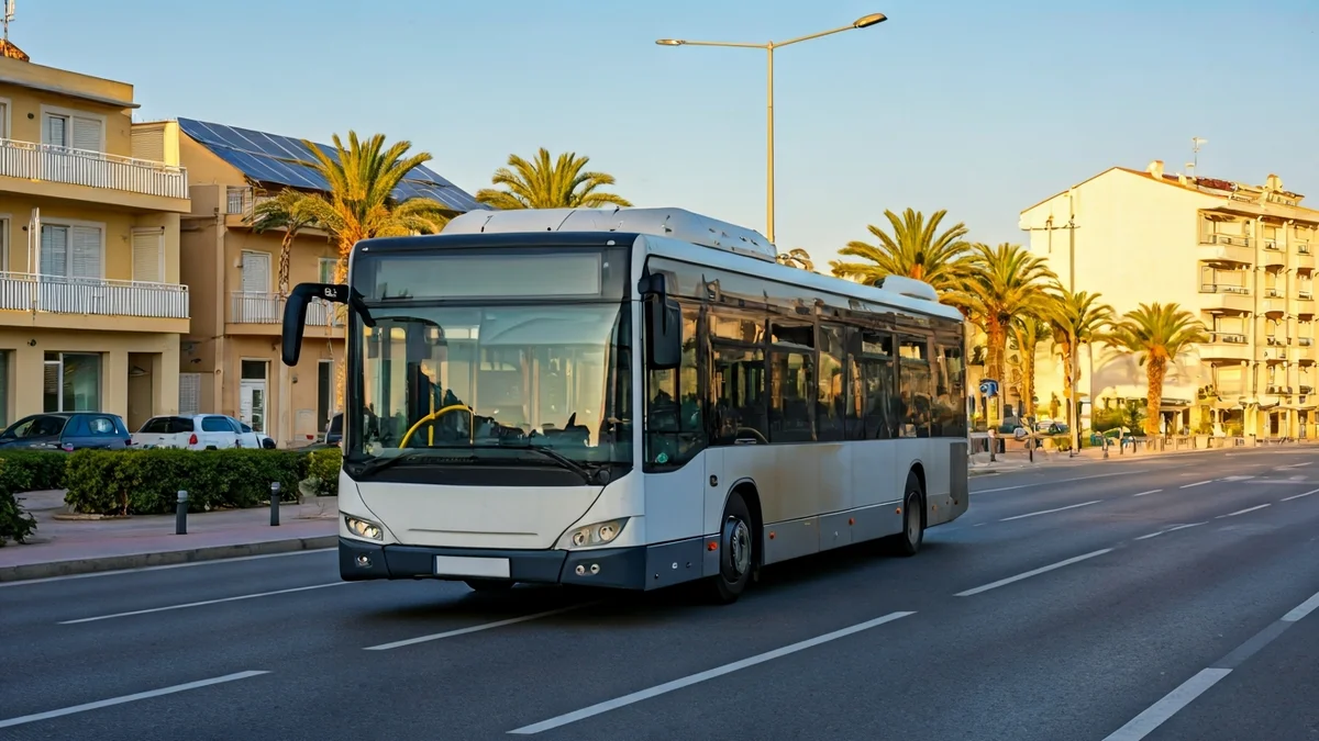 Imatge genèrica d'un autobús urbà en un carrer net d'una ciutat costanera amb edificis amb panells solars.