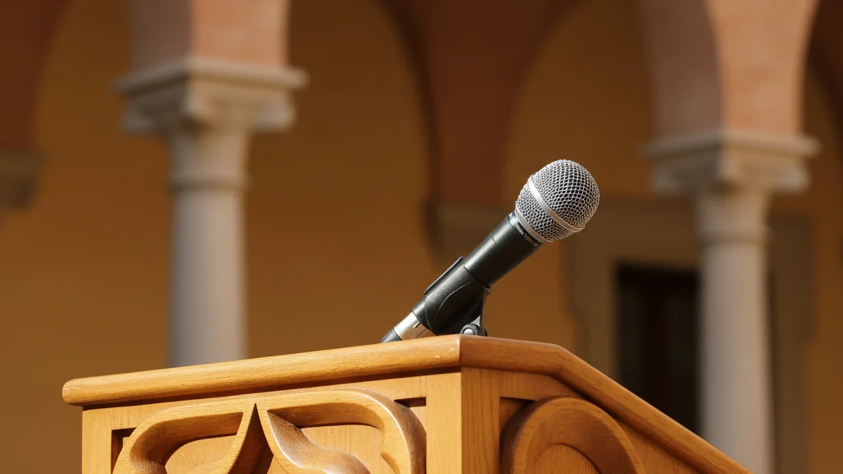 Imatge genèrica d'un faristol amb micròfons en una sala de premsa institucional.