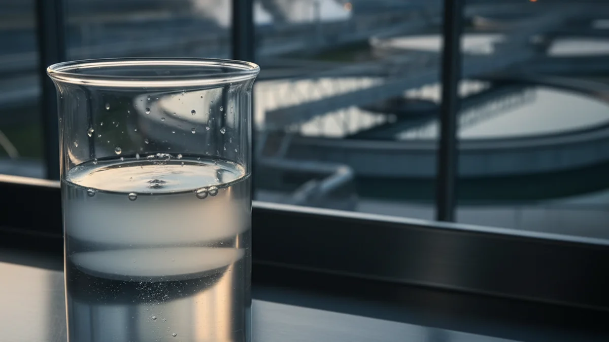 Generic image of a water sample being analyzed in a lab with a treatment plant in the background.