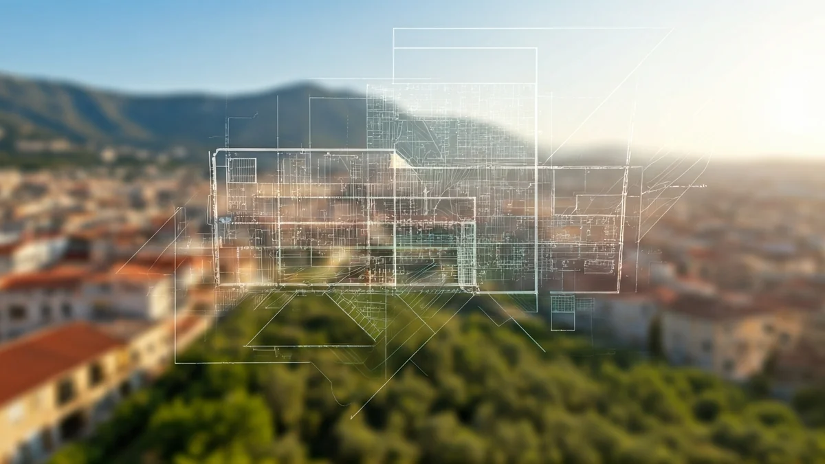 Generic image of an urban planning blueprint with a Mediterranean cityscape in the background.