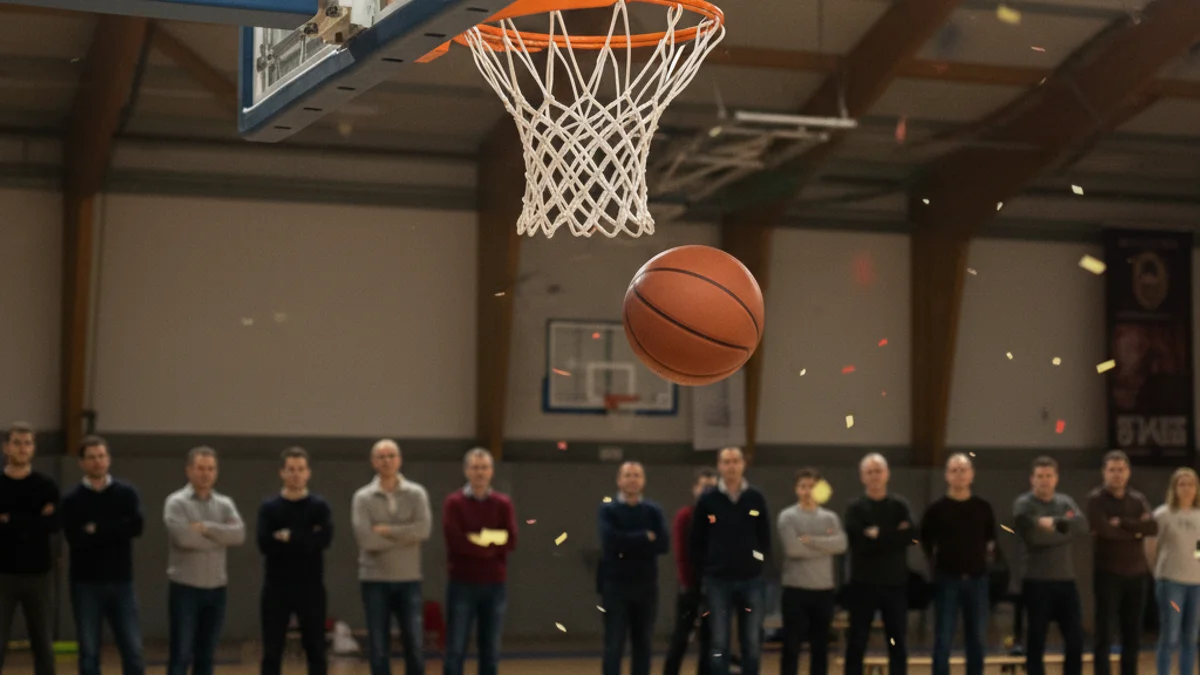 Imatge genèrica d'una pilota de bàsquet entrant a la canastra durant una competició escolar.