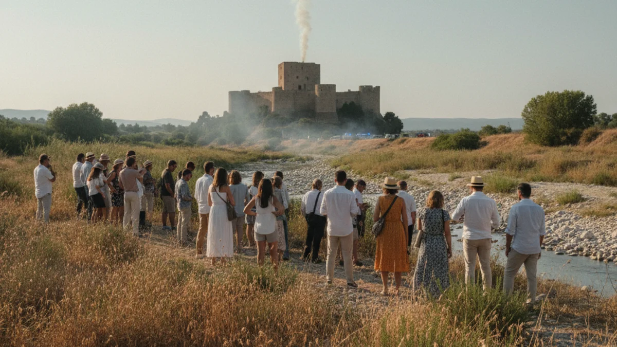 Imatge genèrica d'una zona de vegetació baixa amb fum blanc i llums d'emergència al fons.