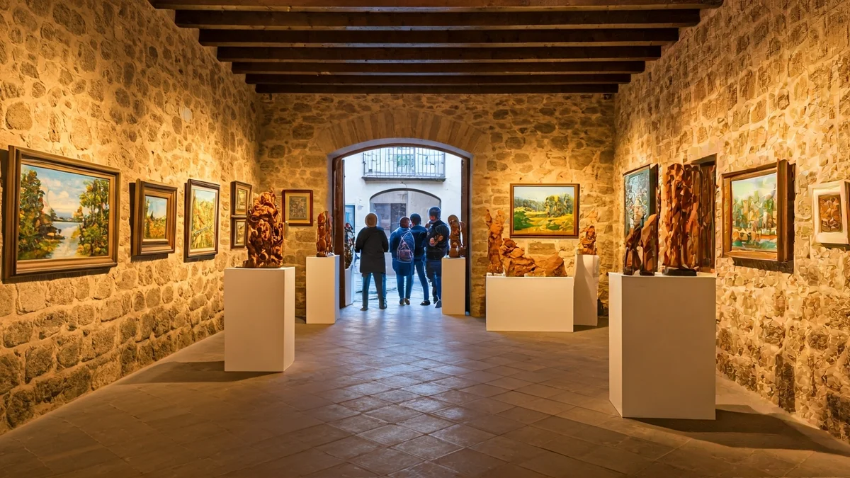 Imatge genèrica d'una exposició d'art amb pintures i escultures en un espai cultural.