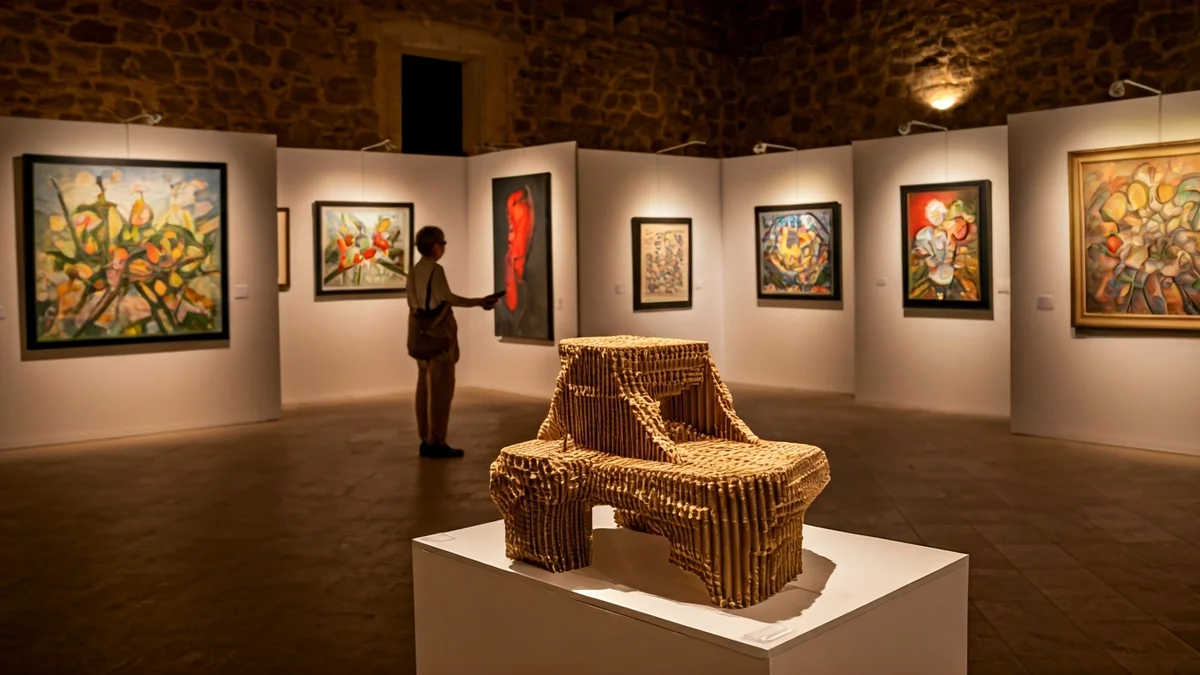 Imatge genèrica d'una exposició d'art amb diverses obres, incloent pintures i escultures, en una galeria amb parets de pedra.