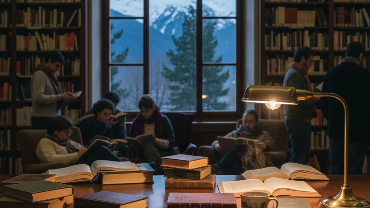 Imatge genèrica d'uns llibres sobre una taula de fusta amb muntanyes al fons.