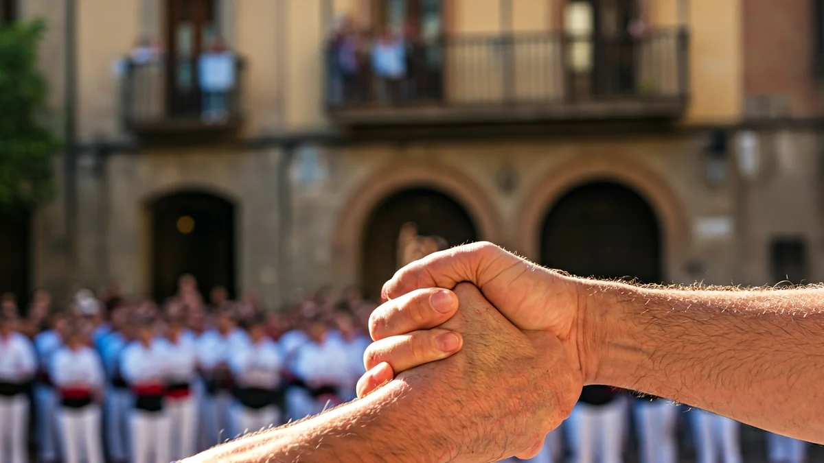 Imatge genèrica d'una mà d'un casteller agafant-se a una torre humana, amb un fons desenfocat d'una plaça amb arquitectura tradicional catalana.