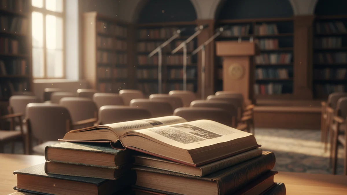 Generic image of an event hall prepared for a book presentation.