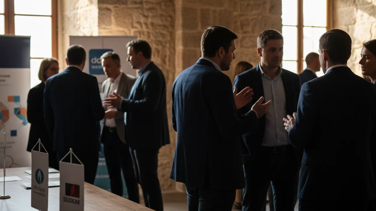 Generic image of a professional networking event with people talking in an institutional setting.