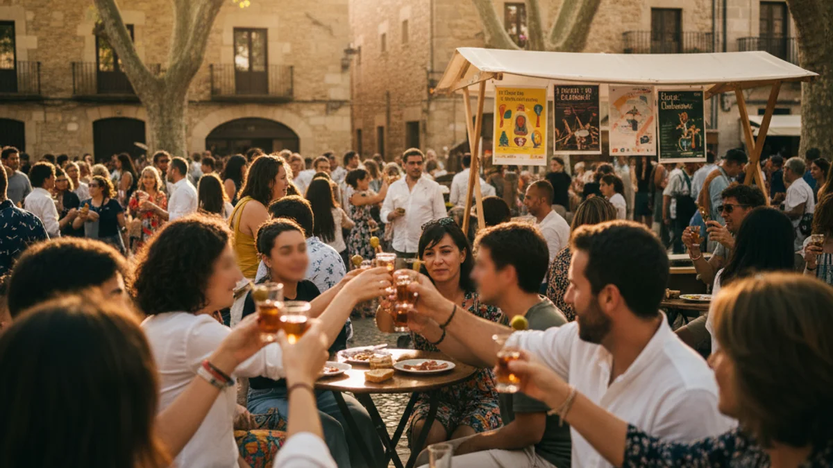Imatge genèrica d'un vermut popular en una plaça d'un poble amb gent gaudint de l'aperitiu.