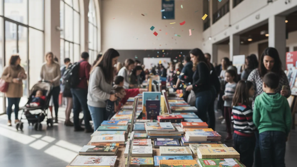 Imatge genèrica d'una fira del llibre infantil amb famílies i nens passejant entre estands de contes.