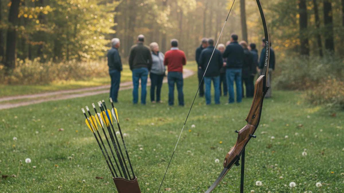 Imatge genèrica d'un arc de competició i fletxes en un camp de tir a l'aire lliure.