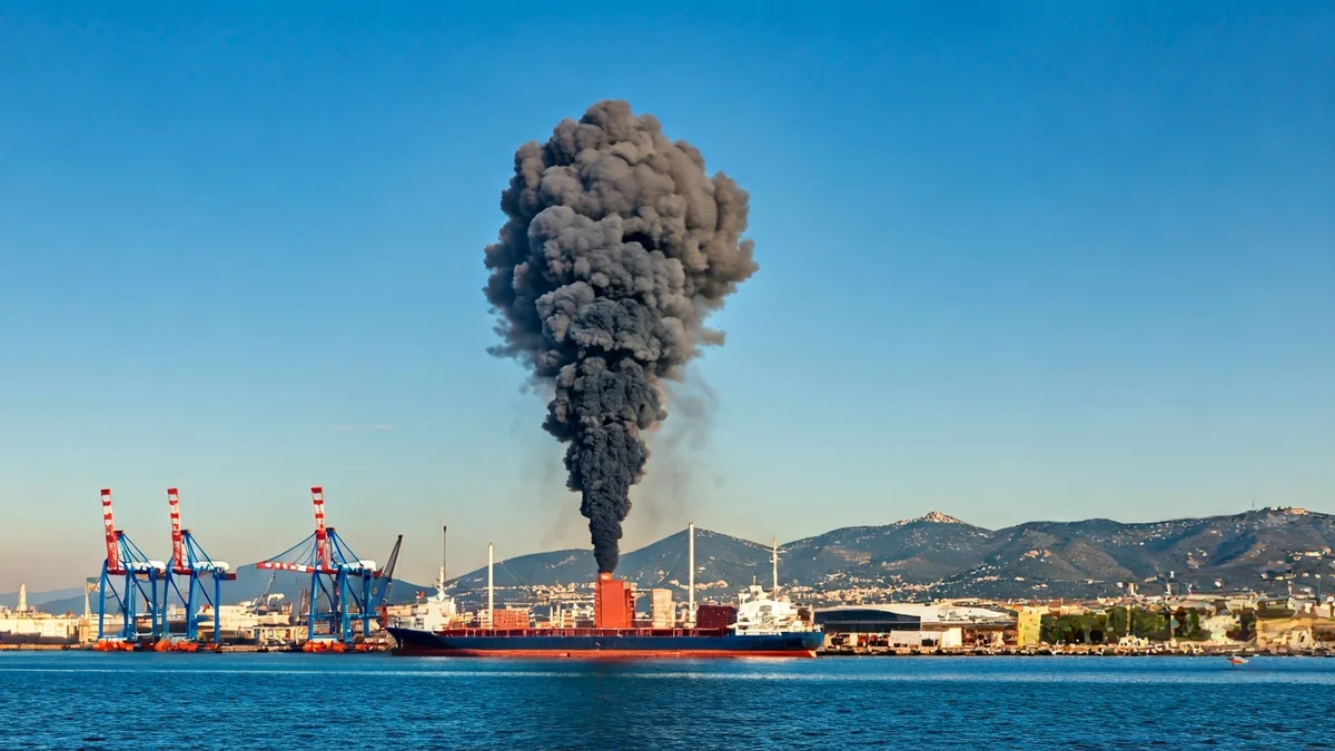 Generic image of a column of black smoke rising from a port area.