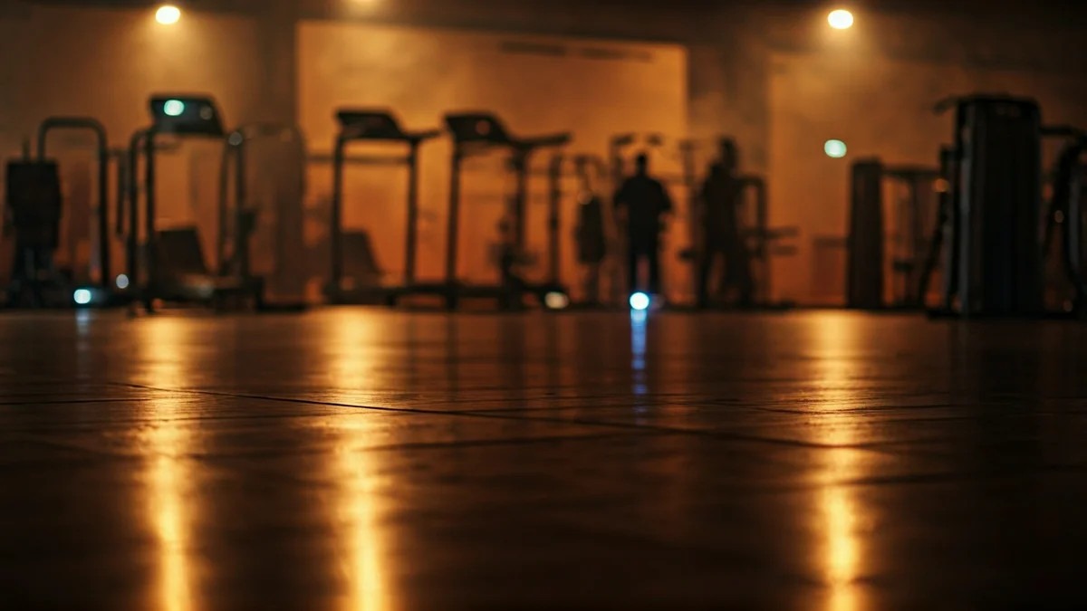 Generic image of emergency lights reflecting on a wet floor inside a sports hall with smoke.