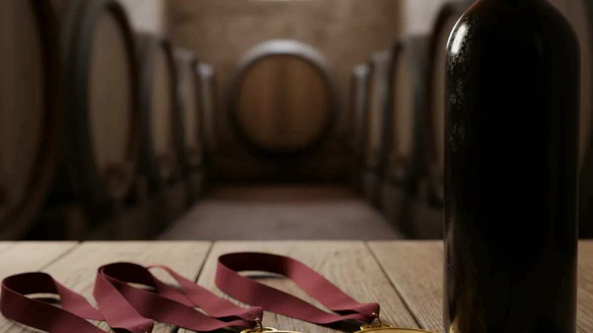 Generic image of gold medals and a wine bottle in a cellar.